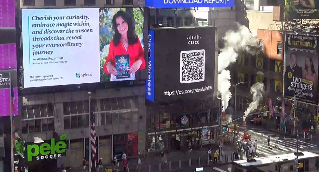 The Thirteen Threads billboard in Times Square featuring Alyona Rozenblat and Spines